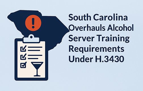 Graphic showing South Carolina with a checklist icon, announcing new alcohol server training requirements under H.3430 effective September 2025